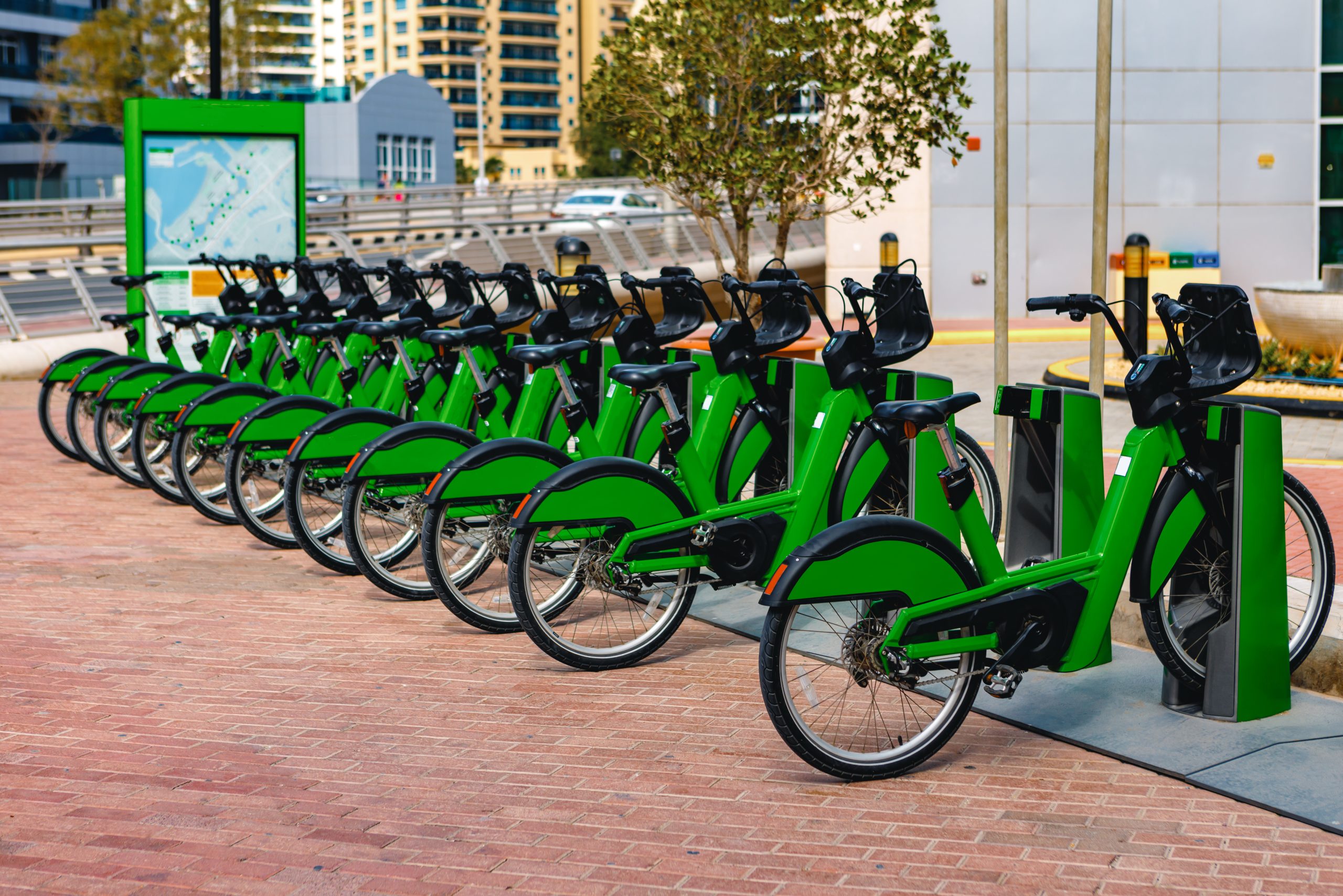 Row of city bikes parking for rent in Dubai